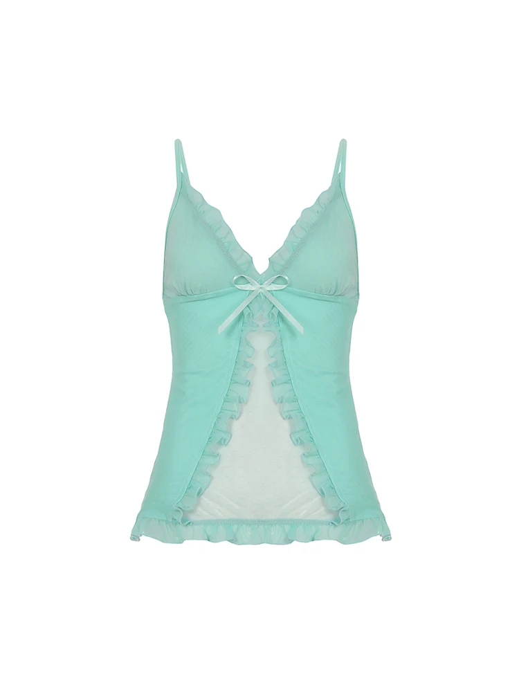 Amyway Mint Wave Sweet Spicy Retro Lace Trim  Knot ter Sexy V Ne Me Vest Summer 2025 Women's Outerwear