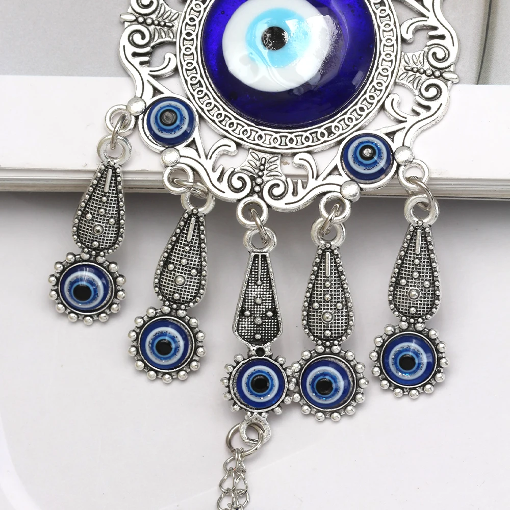 Lucky Eye Alloy Hollow Pendant Tassel Wall Hanging Blue Turkish Evil Eye Keychain Car Keyring for Women Men Fashion Jewelry