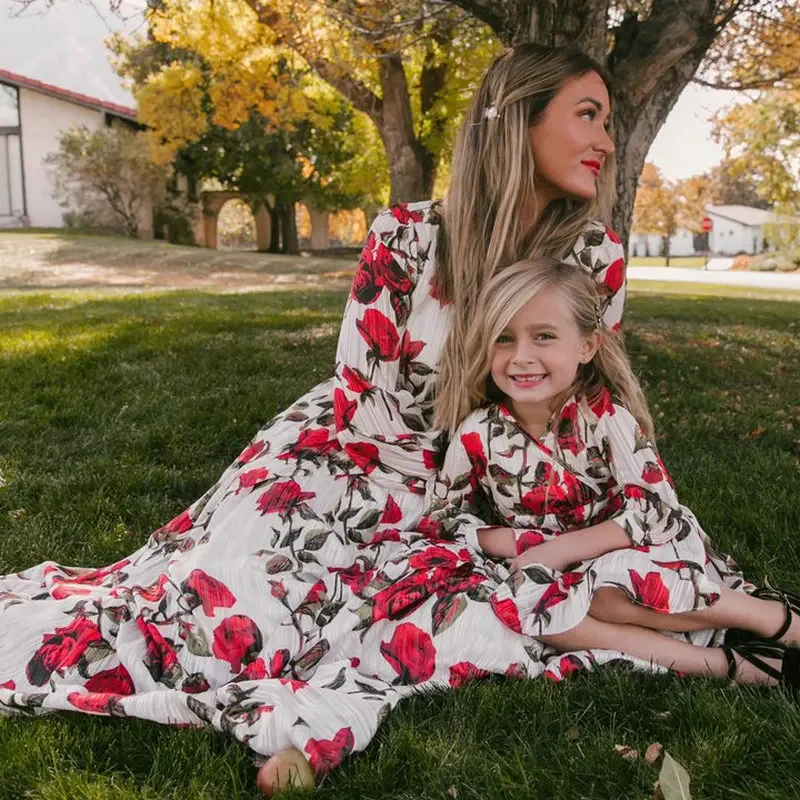 2023 Mom And Daughter Floral Long Sleeve Dress Clothes Family Look Matching Outfits Wedding Party Mommy And Me Long Dresses 5-12