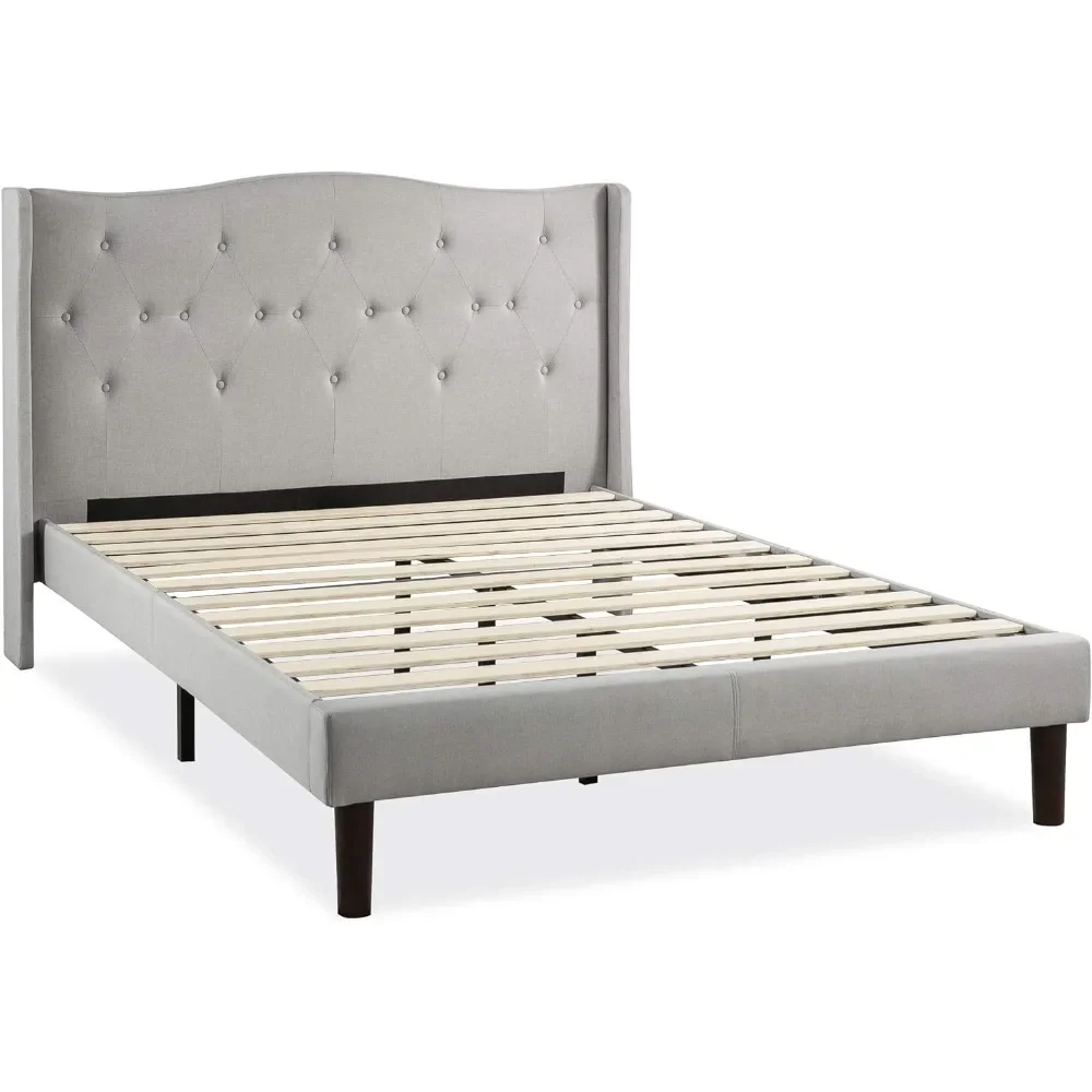 

Queen Headboard Bedroom Upholstered Platform Bed Modern Tufted Wingback Headboard Real Wooden Slats and Legs Beds Furniture