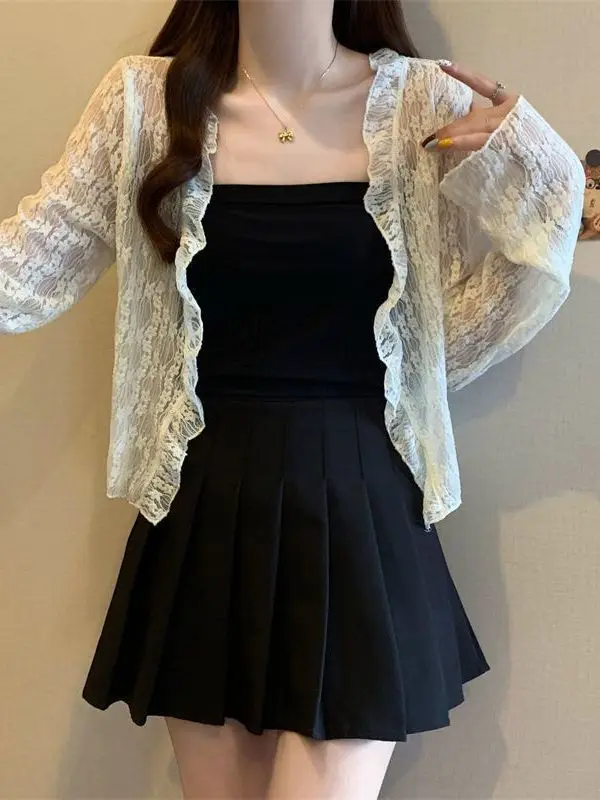 Korean Style Lace Hollow out Cardigan Versatile Base Layer Pure Color Dopaamine Outerwear Women's Summer UV Protection Ice Silk