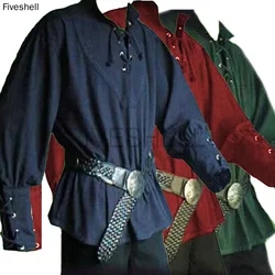 New Adult Men Medieval Renaissance Grooms Pirate Reenactment Larp Costume Lacing Up Shirt Middle Age Bandage Sleeves Top For Men