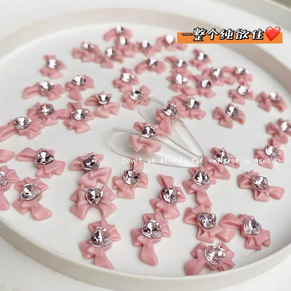 30/20/10PC Pink Ribbon Resin Bow Parts Nail Charms Mix-Style Bow Rhinestone Jewelry 8-12mm Y2K Accessory for DIY Manicure Decora