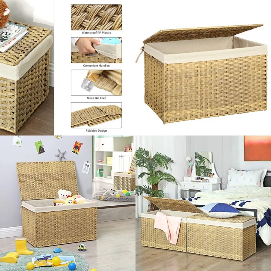 

Storage Basket with Lid, Woven Blanket Storage Bin with Handles, Foldable, Removable Liner, Metal Frame, for Bedroom, Laundry R