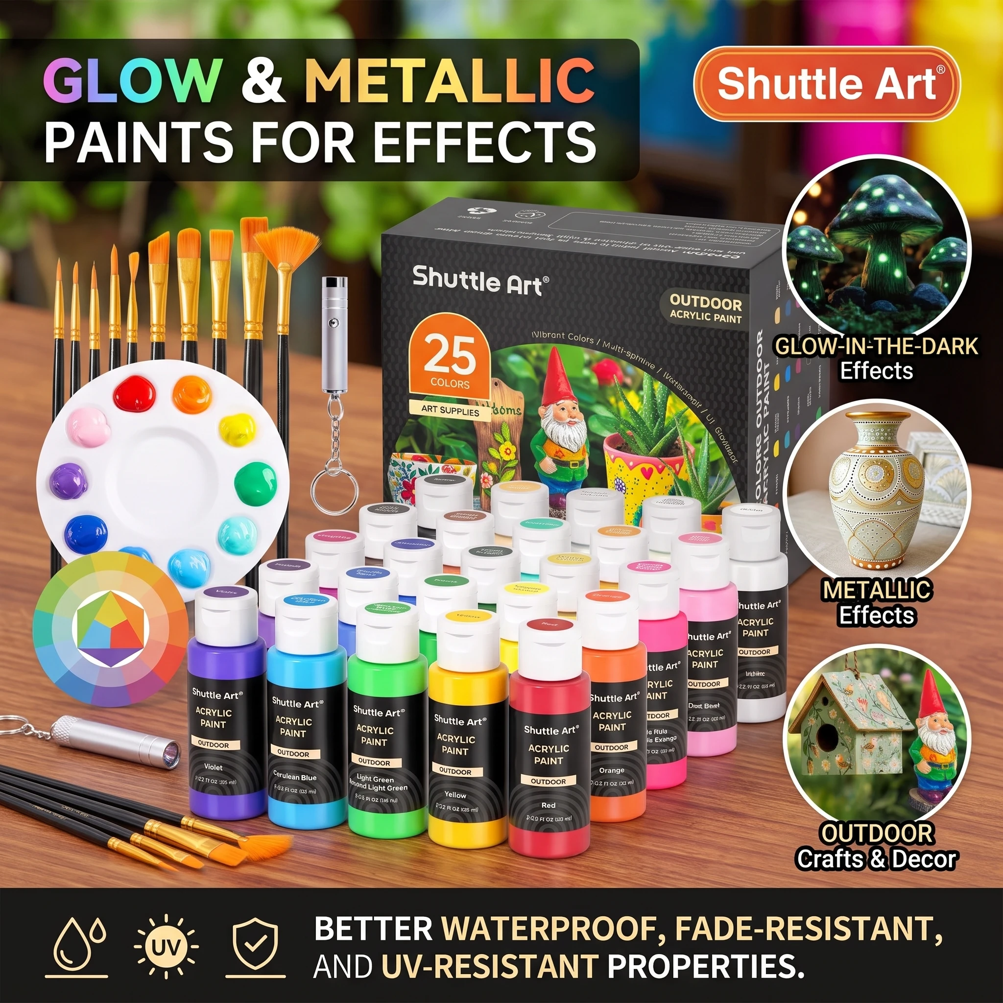 Shuttle Art 25 Colors Outdoor Acrylic Paint Set, 2oz/60ml Waterproof Acrylic Paint with 10 Brushes 1 Palette, Rich Pigmented Paints for Artists, Beginners on Rocks, Wood Crafts, Garden Statues