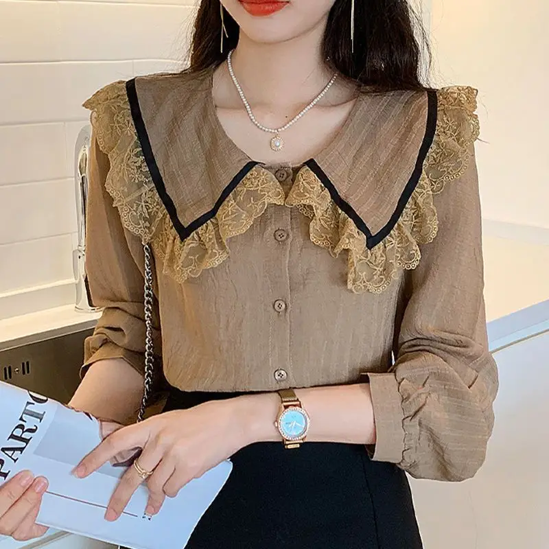 Women Vintage Lace Patchwork Peter Pan Collar Shirts Spring Autumn Trendy Chic Sweet Blouses Solid Loose Tops Long Sleeve Blusa