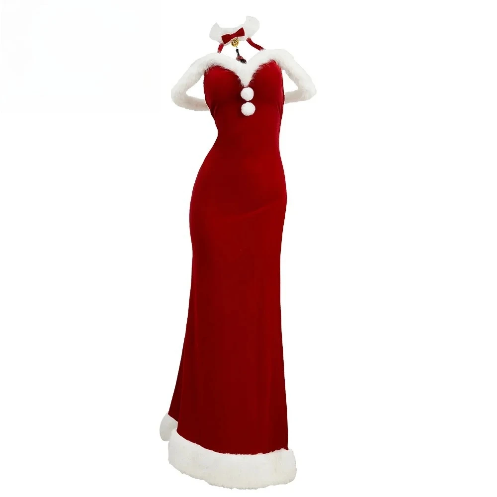 

2025 hot sale Women Red Christmas Cosplay Costume Women Lingerie Dress Plush High Split Backless Long Dress with Hat Gloves