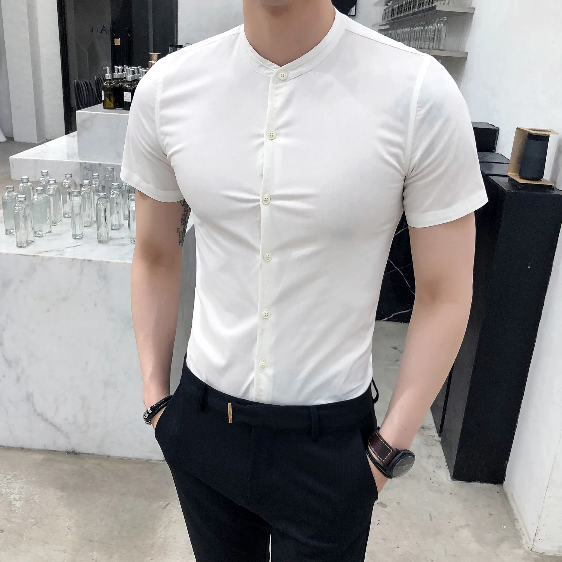 

Mandarin Collar Cotton White Elegant Shirts For Mens Slim Fit Gentleman Blouse Stand Collar Korean Stylish Vintage Clothing Grey