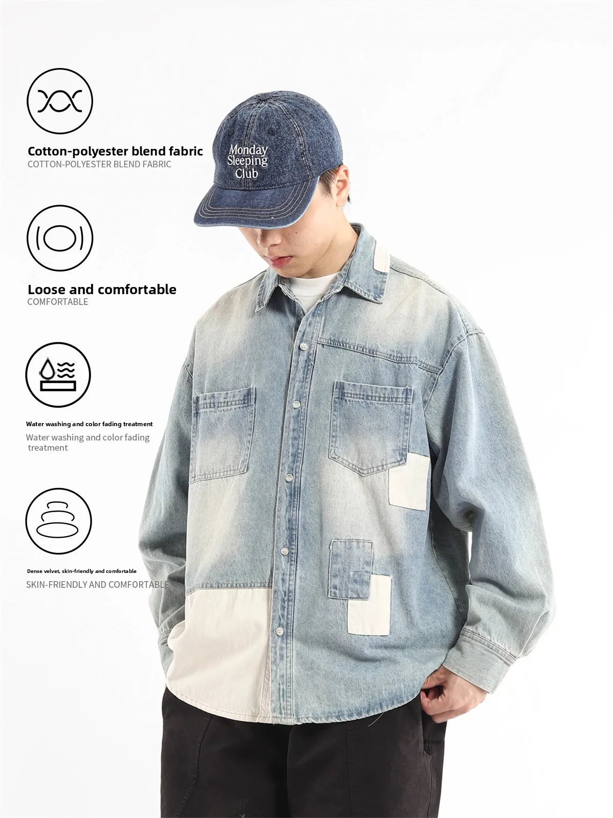 Retro Washed Denim Shirt Asymmetrical Color Block Loose Casual Commute Jacket Men's Breathable Cotton Polyester Long Sleeve