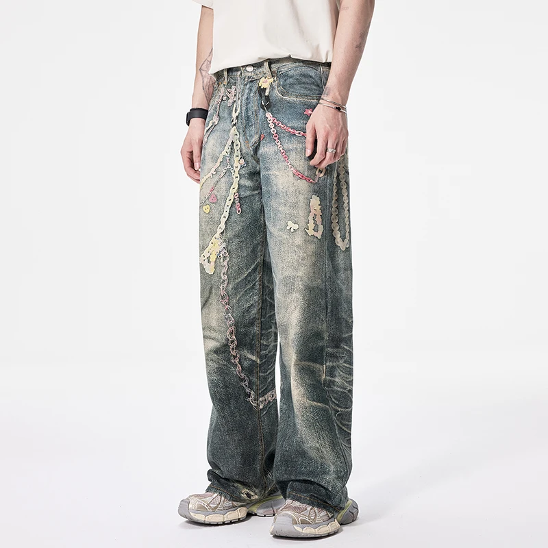 

JK9673 American High Street3DDigital Printing Candy Chain Distressed Machete Jeans Men's Straight Casual Pants Trendy Couples
