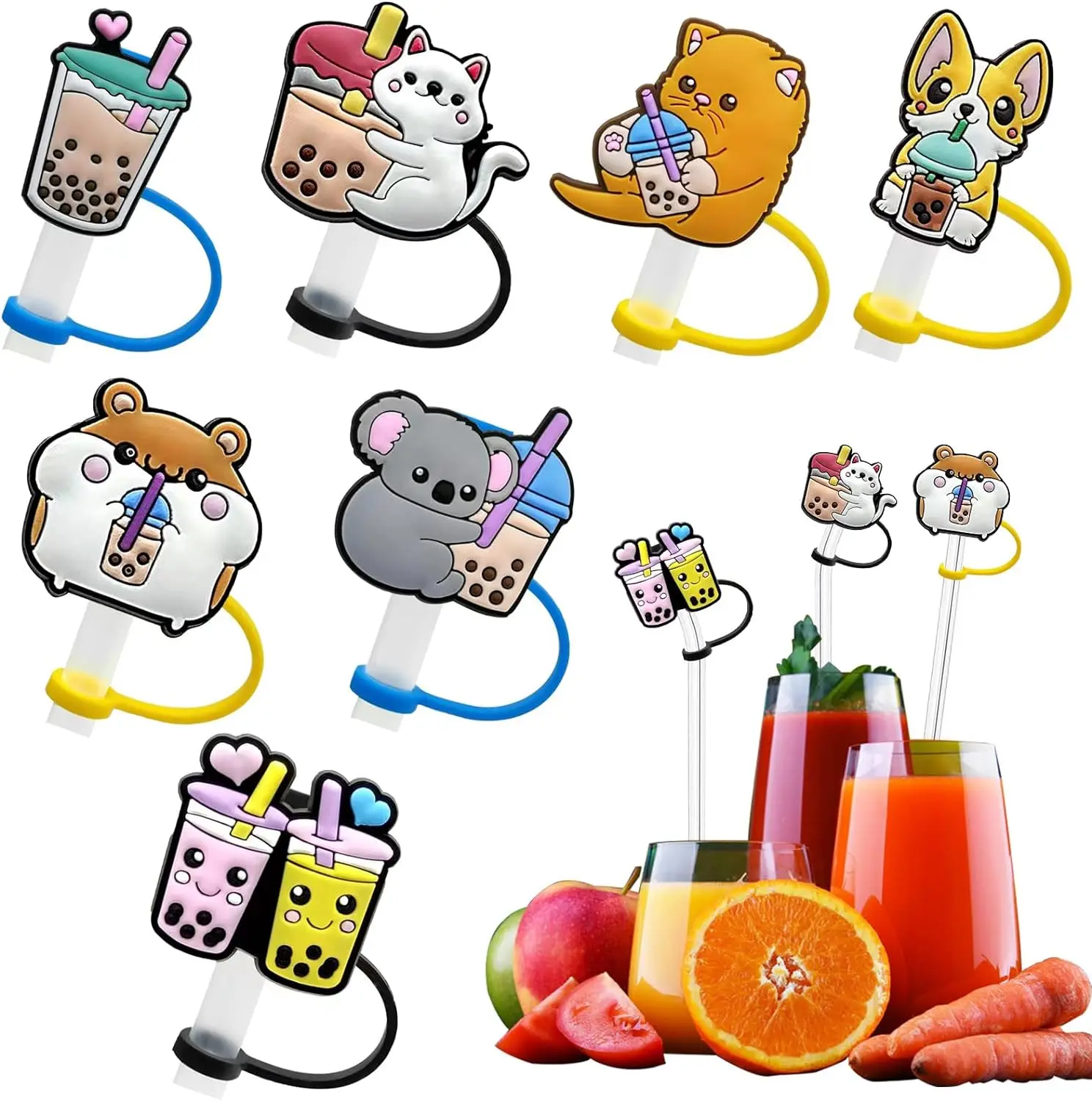 

Straw Cover for Stanley Cup,Cute Straw Topper for 30&40Oz Tumbler w/ Handle,8mm/0.32in Silicone Cute Animals Milk Straw Cover