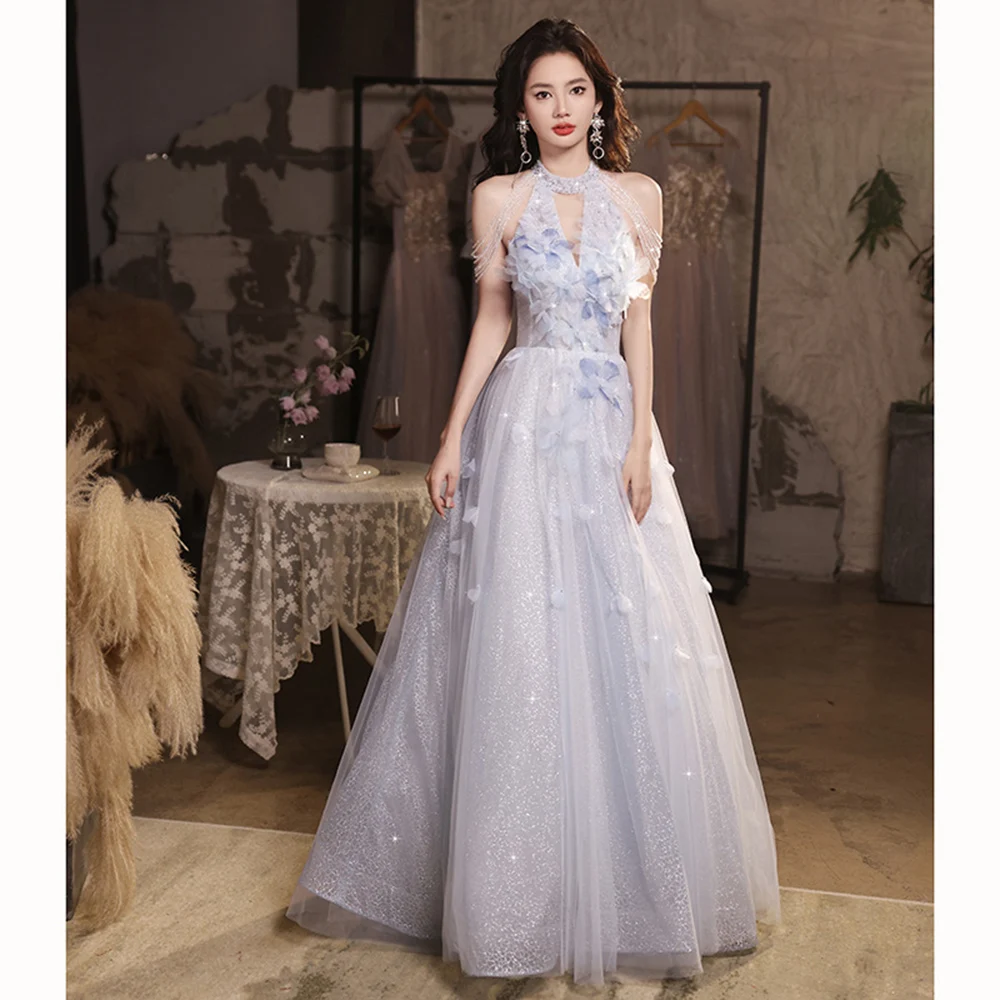 Elegant Blue Women's Evening Dress Light Luxury 2024 New Halter Design Beading Tassels Backless Prom Gown Quinceanera Dress