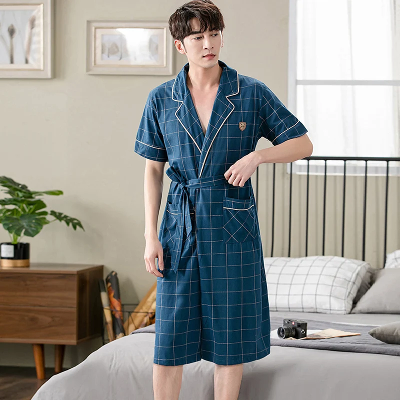 Summer Men Cotton Bathrobes Sleepwear Short Sleeve Cardigan V-Neck Long Robes Nightwear Male Home Clothes M-4XL Pijamas Hombre