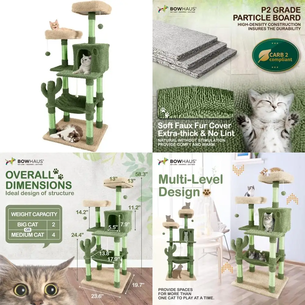 

Indoor Cat Tree Play Tower, 58-Inch Multi-Level Climbing Tree with Top Perch for Large Cats and Kittens