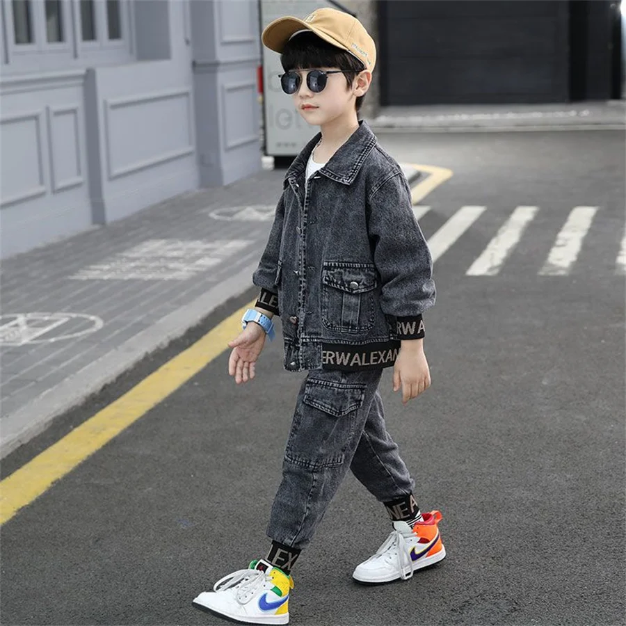 Cool Jean Spring Autumn Baby Boys Boys Set Kids Coat +Pants Outfits Teenage Casual Tops Children Clothing Suit High Quality