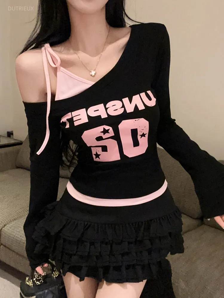 American Vintage Contrast Color Skew Collar Long Sleeve Ins Letter Print Fake Two Piece T-Shirts