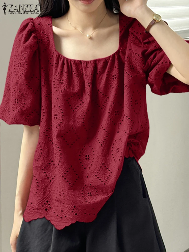 ZANZEA Women Lace Blouse Holiday Hollow out Shirts Fashion Korean Square Collar Tunic 2025 Casual Puff Short Sleeve Summer Tops