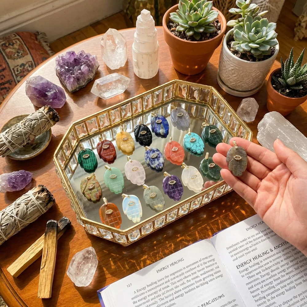 

Hamsa Hand Natural Crystal Pendants, Mixed Gemstone Evil Eye Charms for DIY Jewelry Making Necklace