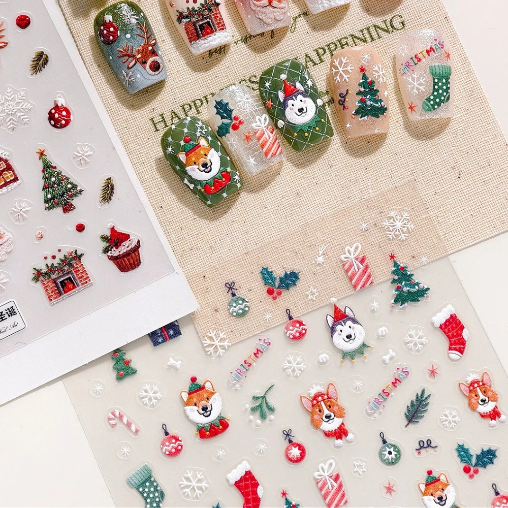 Cartoon Lovely Dog Husky Corgi Albero di Natale Palla Regalo Calza Fiocco di neve 5D Adesivi per nail art in rilievo Decalcomanie per manicure di Natale