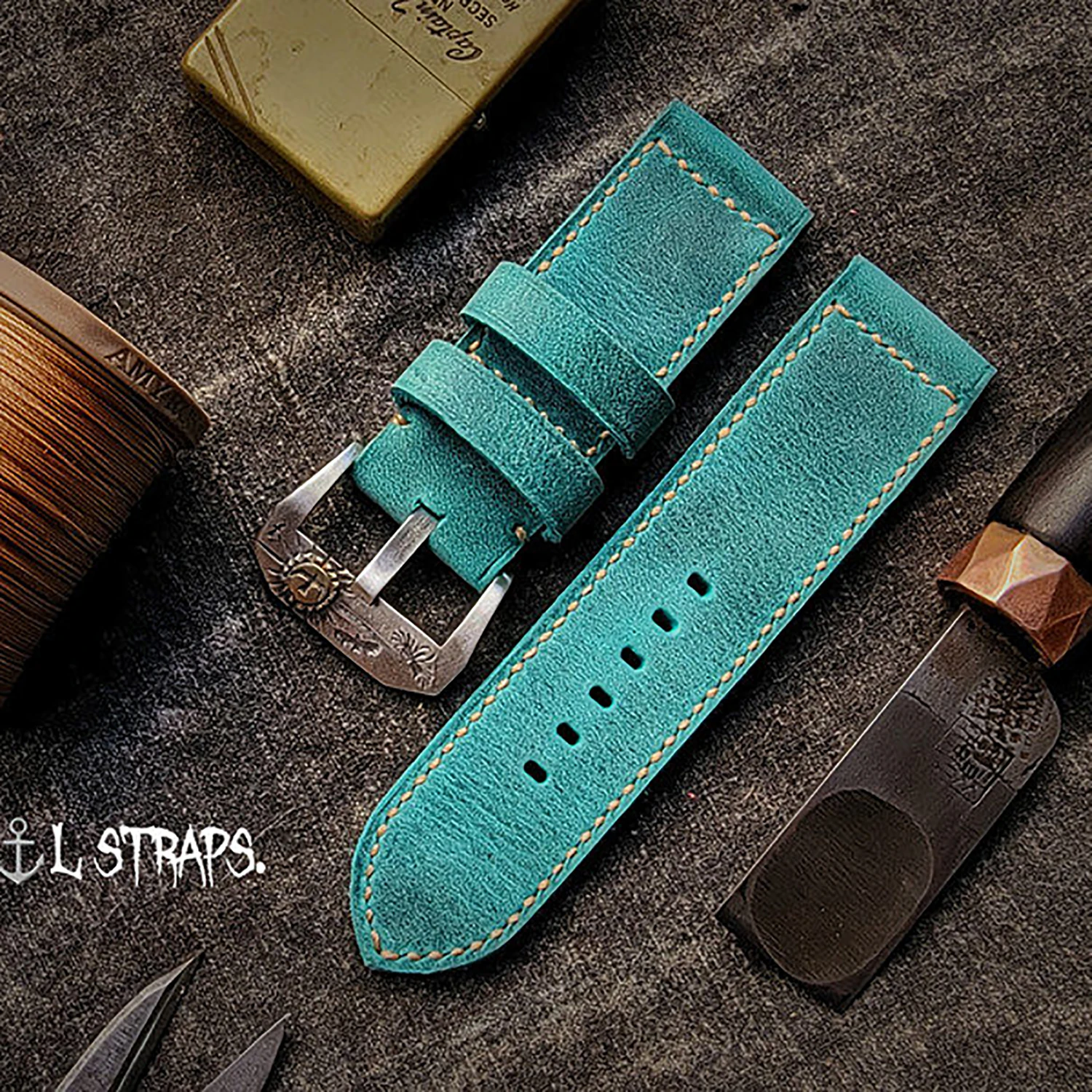 HANDMADE CUSTOM BRITISH OIL SUEDE CRAZY HORSE COWHIDE, DESERT GREEN, VINTAGE BIG PILOT, PIN BUCKLE WATCH STRAP