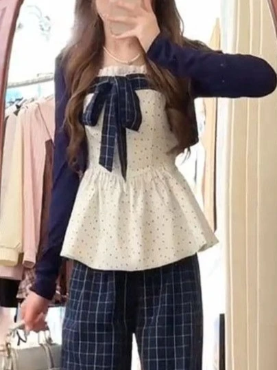 Moda coreana Y2k, Tops cortos, conjunto de cárdigan para mujer con lazo, camisetas Vintage con cordones de los años 2000, camisetas elegantes de manga larga para subcultura Harajuku