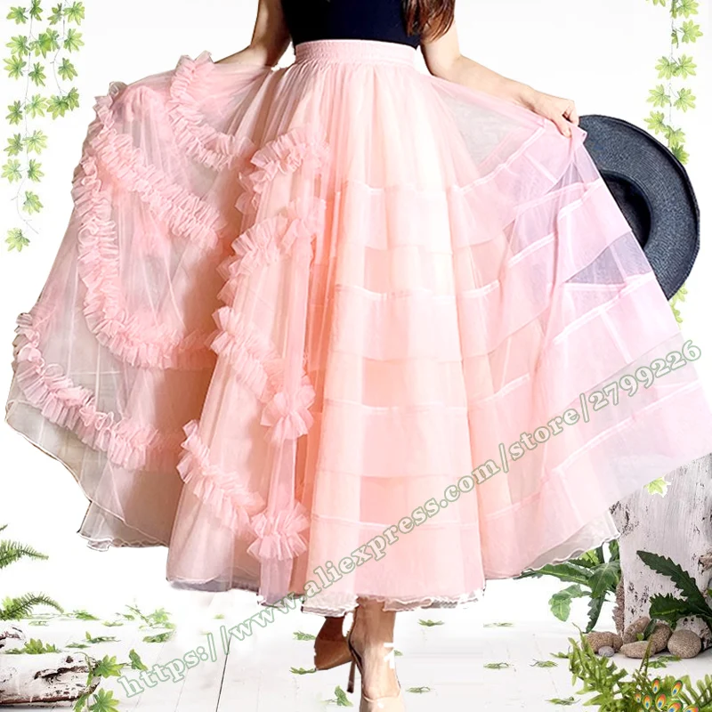 Female Fashion Elegantes High Waisted Pink Mesh Fluffy Tutu Skirt Summer 2024 Chic and Elegant Woman fairycore Skirts for Women