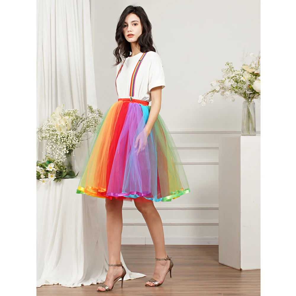 Latest Rainbow Tutu Short Skirt 5 Layers Soft Tulle Pettiskirt Girls Mesh Skirt High Elastic Band Cosplay Costume For Prom Party