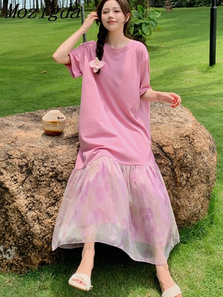 Plus Size Onregelmatige T-shirt Jurk Vrouwen Zomer Roze Tie-dye Mesh Korte Mouw Jurk Vrouw Losse Dames Jurken vestidos