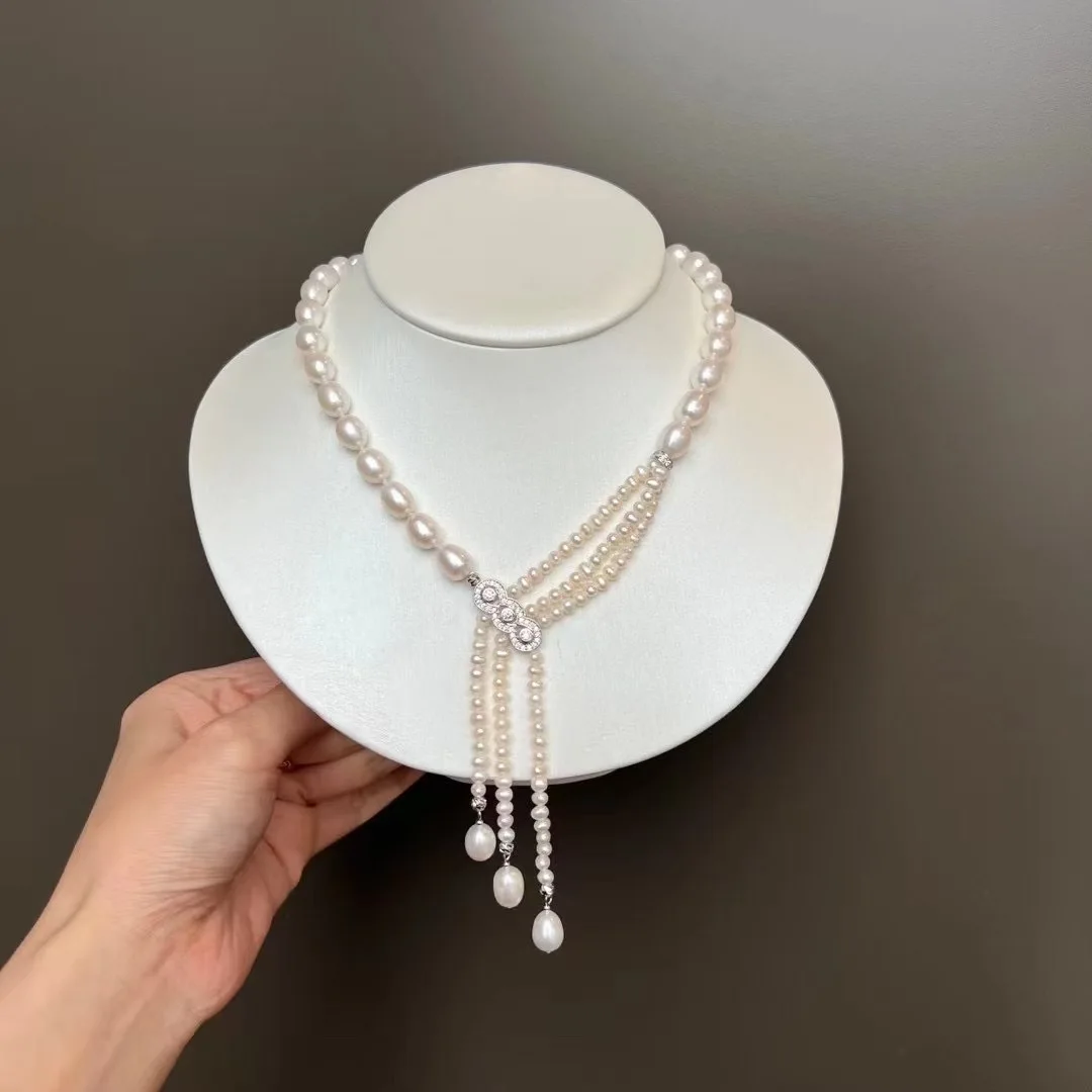 

Hand knotted new natural 5-6mm 8-9mm white Akoya pearl micro inlay zircon accessory necklace sweater chain 45cm