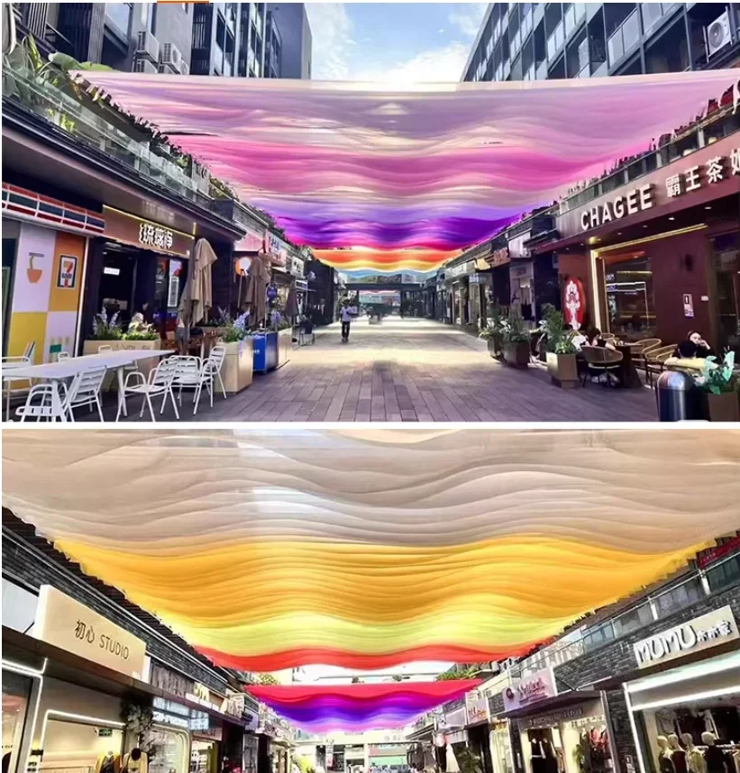 Outdoor Colorful Wave Ceiling Drapes Wind-Moved Sunshade Fabric For Patio Yard Bistro Hotel Cafe Scenic Spot Ceiling Decoration - view 2