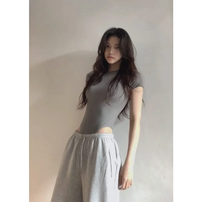 

Spring 2026 Sexy Grey One-Piece Suit Women's Spicy Pure Desire round Neck Slim Fit Short Sleeve T-Shirt Top High Waist Short ...