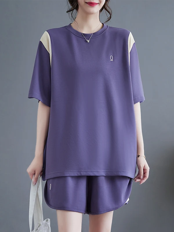 

Summer Casual Color Blo round Ne ort Sve T-irt And Pants Set Brand Outlet Loose Fit Commute Sle Artistic Faion