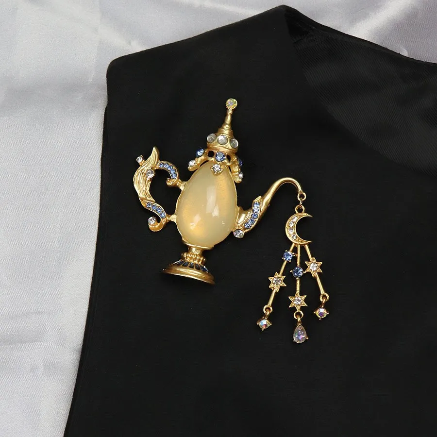 

Vintage Jewelry Exotic Star Moon Teapot Brooch Diamond inlay Antique Clothing Accessories