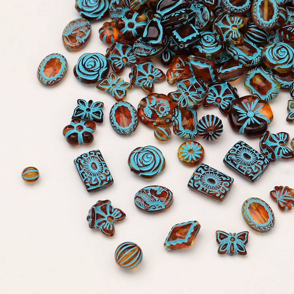 40g/pack Vintage Carved Acrylic Beads Jewelry Making Brown Turquoise Pattern Mixed Shape Beads DIY Bracelet Craft Supplies