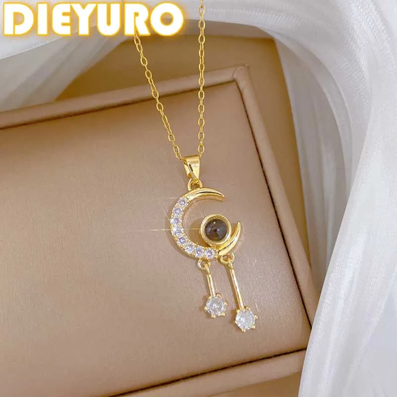 DIEYURO 316L Stainless Steel Golden Moon Projection Exquisite Zircon Tassel Necklace Lady Luxury Neck Chain Jewelry Glamorous