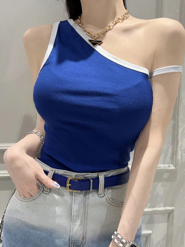 2024 Summer Korean Version New Slanted Collar Off Shoulder Color Blocking Sling Vest Women Cinching Waist Slim Short Top R8S3