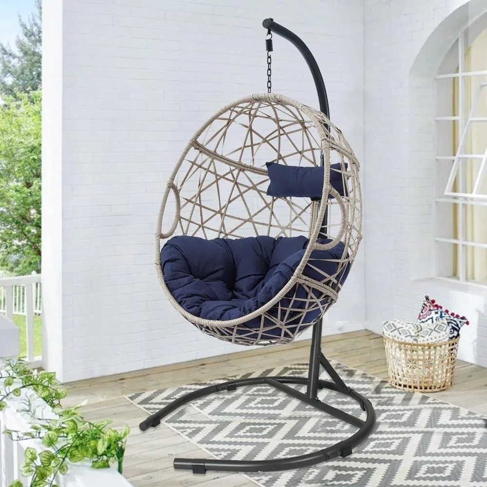 Outdoor Furniture Egg Chair Swing with Stand and Cushion, for Garden Patio Backyard Lawn, Wicker Tear Drop Hammock Chair