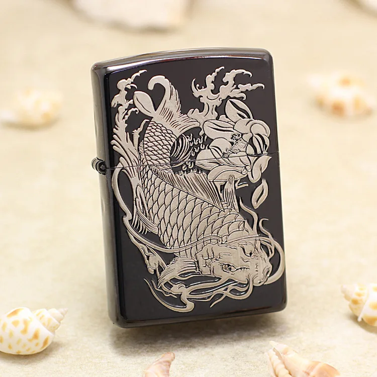 

Genuine Zippo oil lighter copper windproof Black ice silver carp Kerosene lighters Gift with anti-counterfeiting code