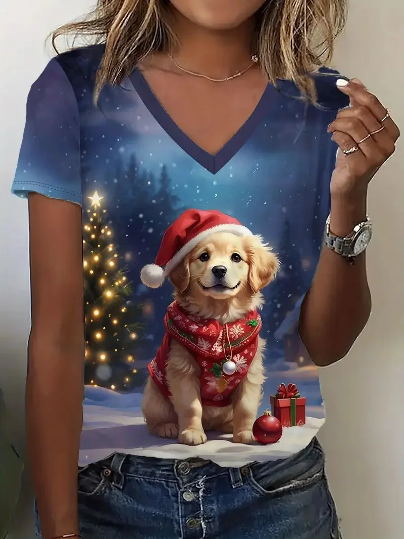 Fashion Santa Clause Graphic T-Shirts For Women Christmas Theme V-Neck Short Sleeve Tees Creative Personality Design Casual Tops