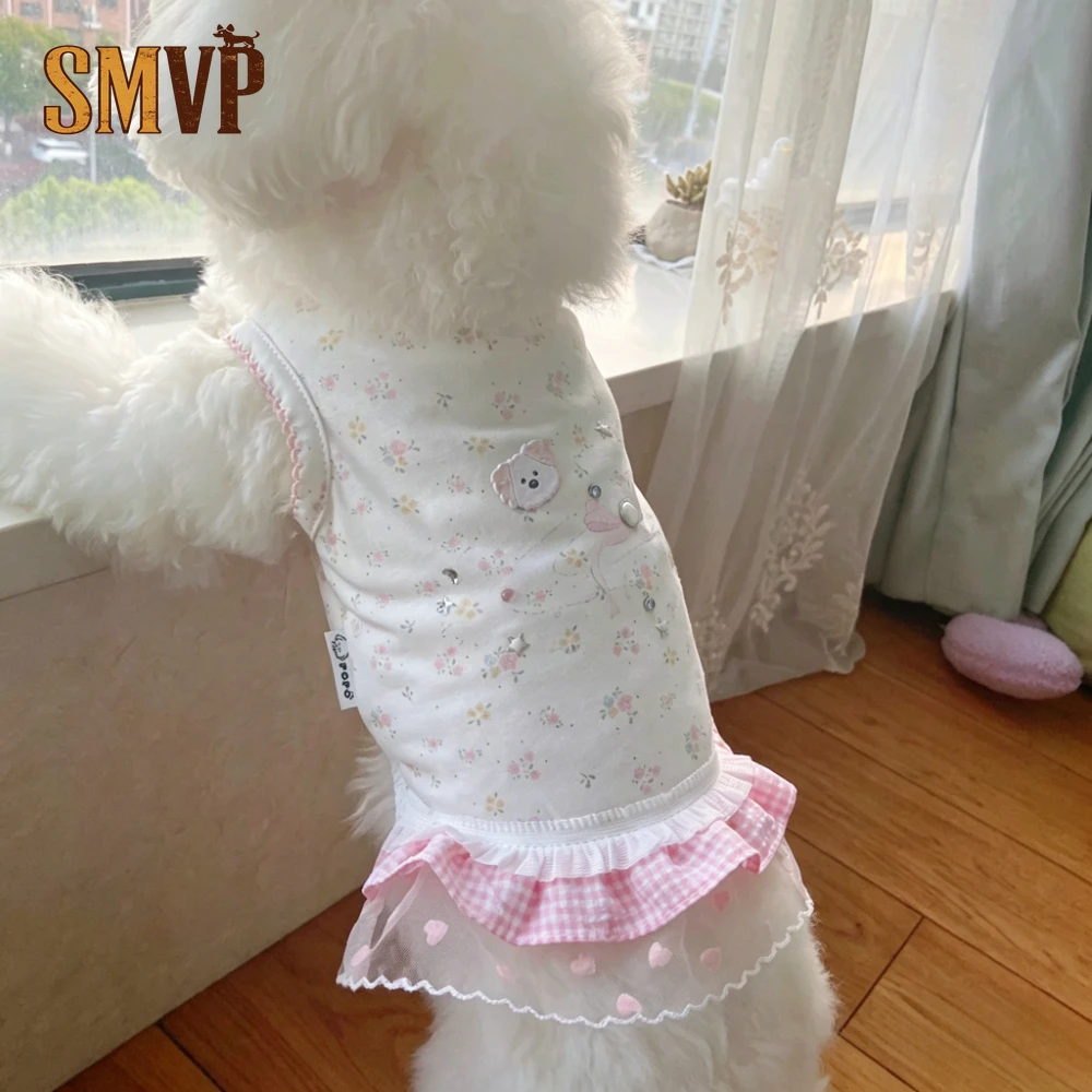 

Summer Comfortable High Elastic Childlike Cartoon Print Splicing Lace Kitten Small Pet Dog Vest Dress Puppy Clothes