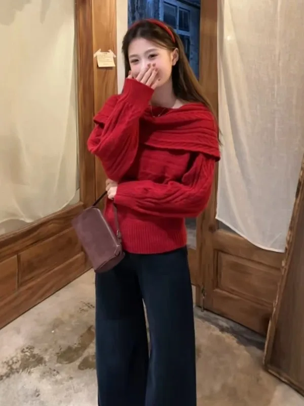 

Red One-oulder Twist Sweater Women's Faion Autumn Winter Knitted Top oulder New Year's Aosphere Sensation Clo...