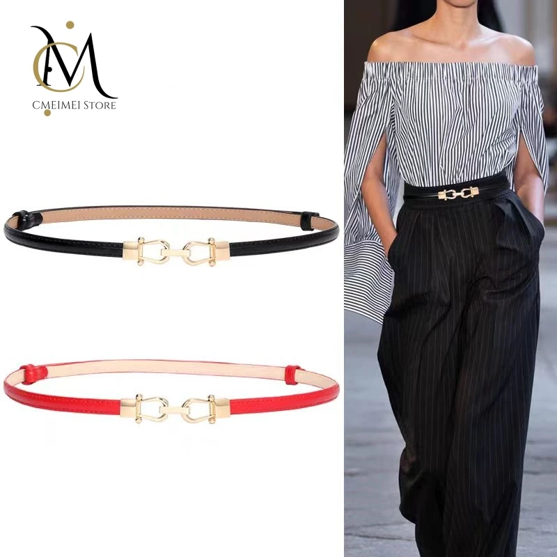 

Women Skinny Belt for Dress Thin Waist Belt Adjustable Genuine Leather Belt with Gold Buckle