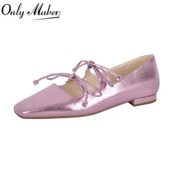 Onlymake Women  Square Toe Flats PInk Mary Jane Shoes Low Block Heel Ballet  Pumps