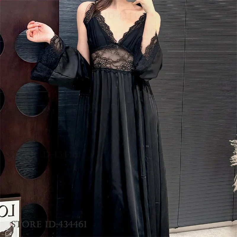 หญิงยาว Robe ชุดนอน Burgundy ผ้าไหมซาตินเสื้อคลุมอาบน้ํากิโมโนชุดฤดูใบไม้ผลิฤดูร้อนชุดนอน Nightgown Elegant Home Dress