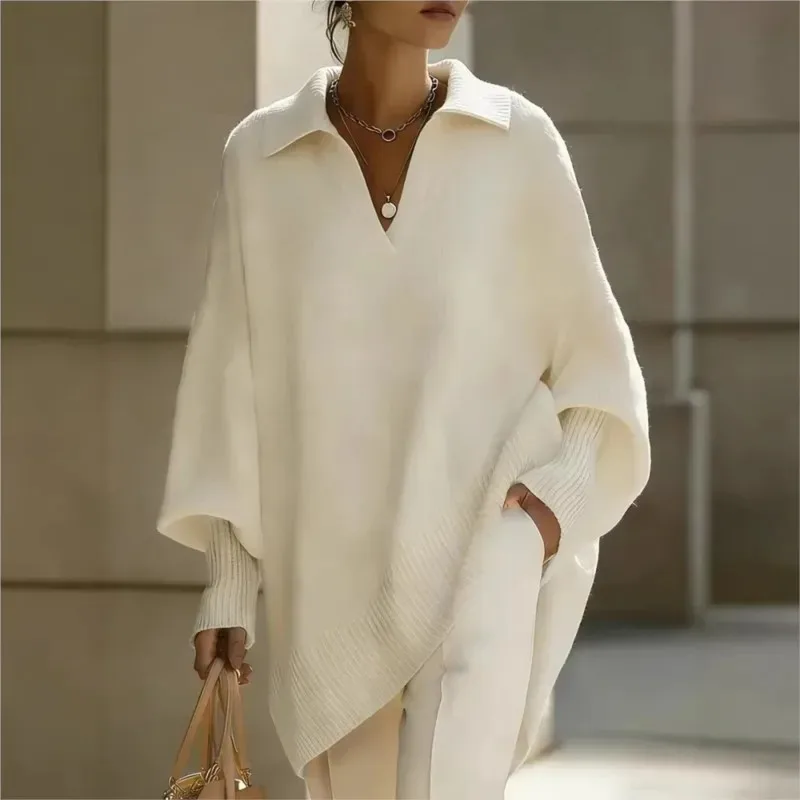 Women's Knitted Sweater Polo Collar Vintage Pullover Soft Warm Casual Long Oversize Sweaters Spring Autumn Elegant Clothes