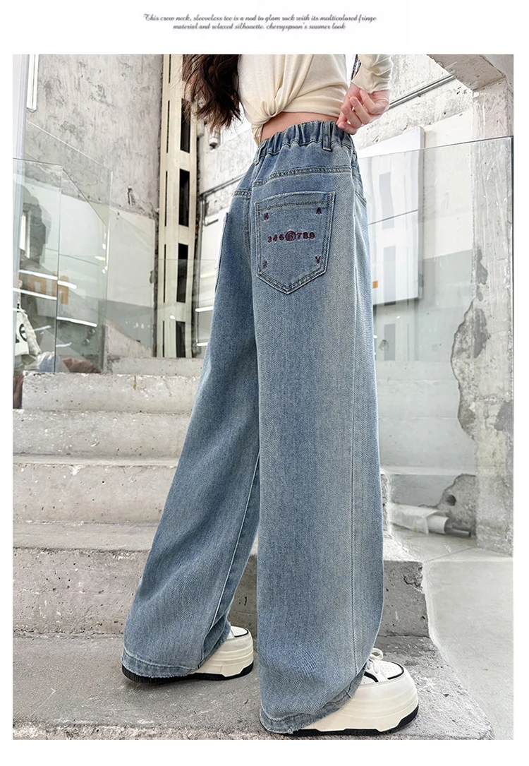 Klassische blaue High-Waist-Jeans mit geradem Bein für Mädchen, neue modische Slim-Fit-Denimhose, einfache Jeanshose für Kinder. – Detail 3