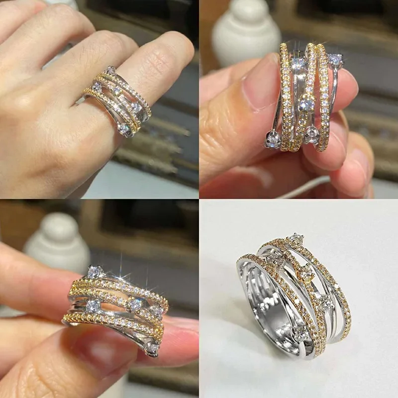 Exquisite Female Rings 925 Sterling Silver Multi-layers Cross Shiny Cubic Zirconia Rings for Women Promise Love Wedding Jewelry