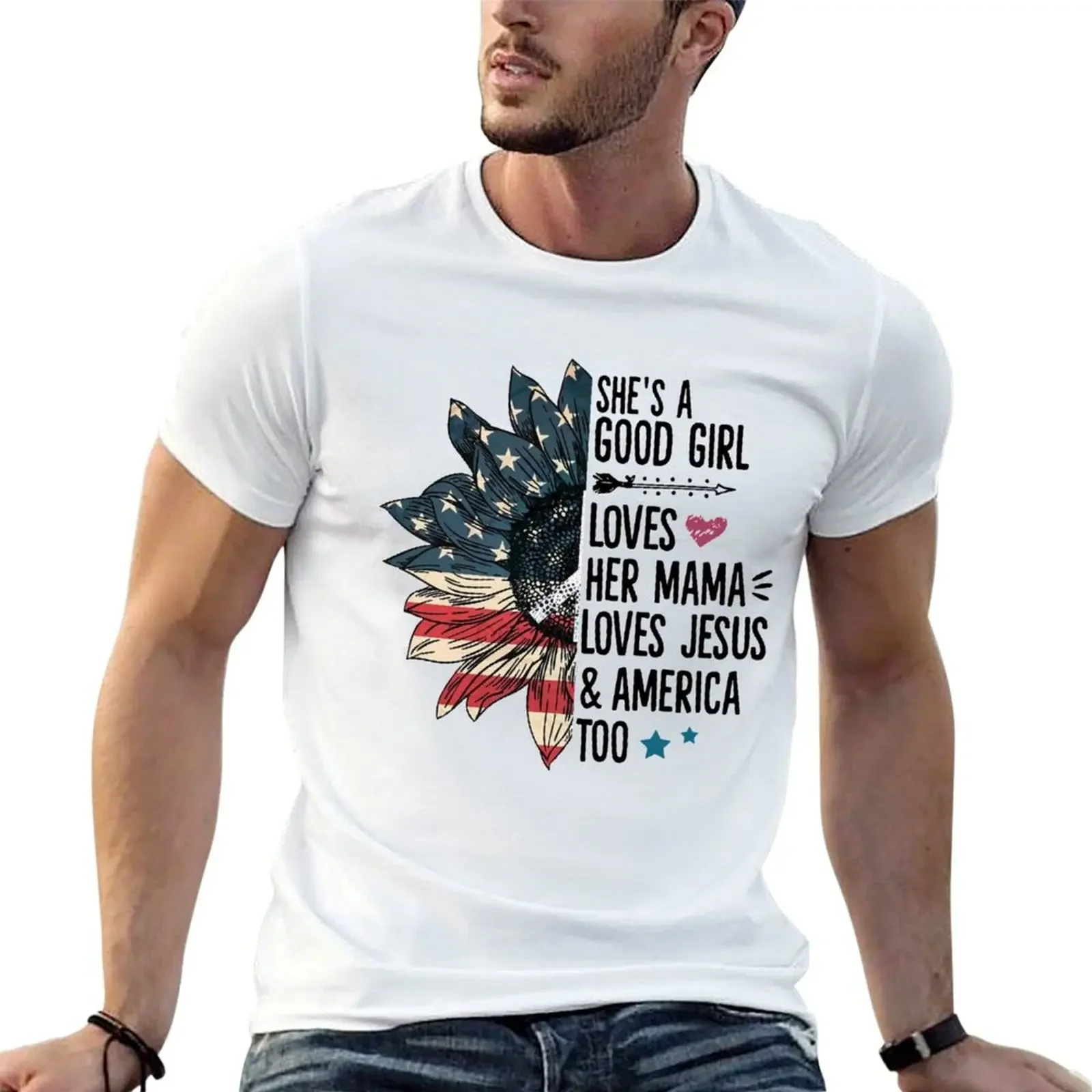 

Flag america She is a good girld lovers her mama loves jesus and america too T-Shirt blue archive mens designer clothes