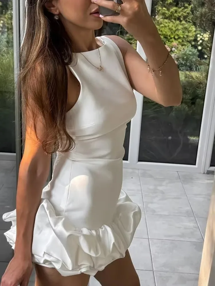 Chic Sleeveless Backless Mini Dress Women Elegant Ruffled Hem Folds Short Sundress Holiday 2024 New Ladies Evening Party Vestido