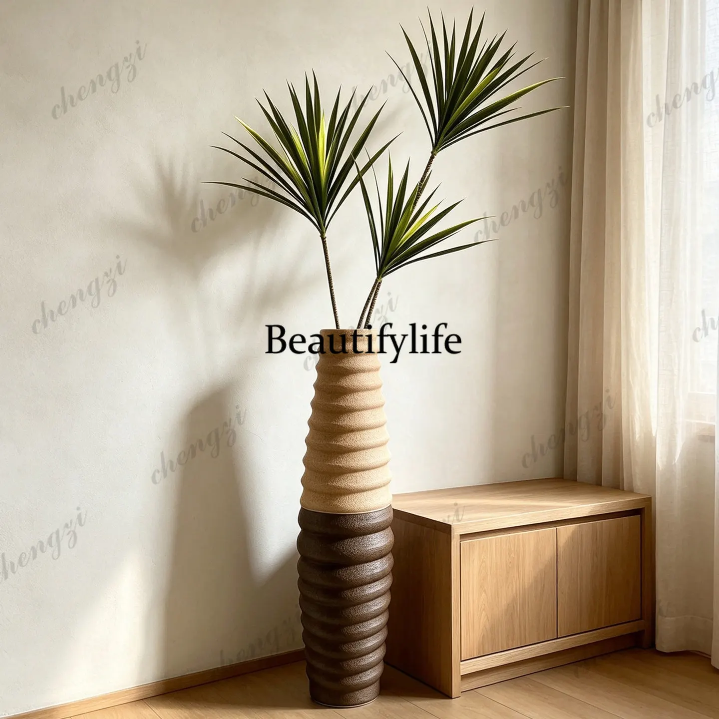 Floor-to-ceiling large ceramic vase, next to the TV cabinetmodern simple flower arrangement and high decoration ornament.